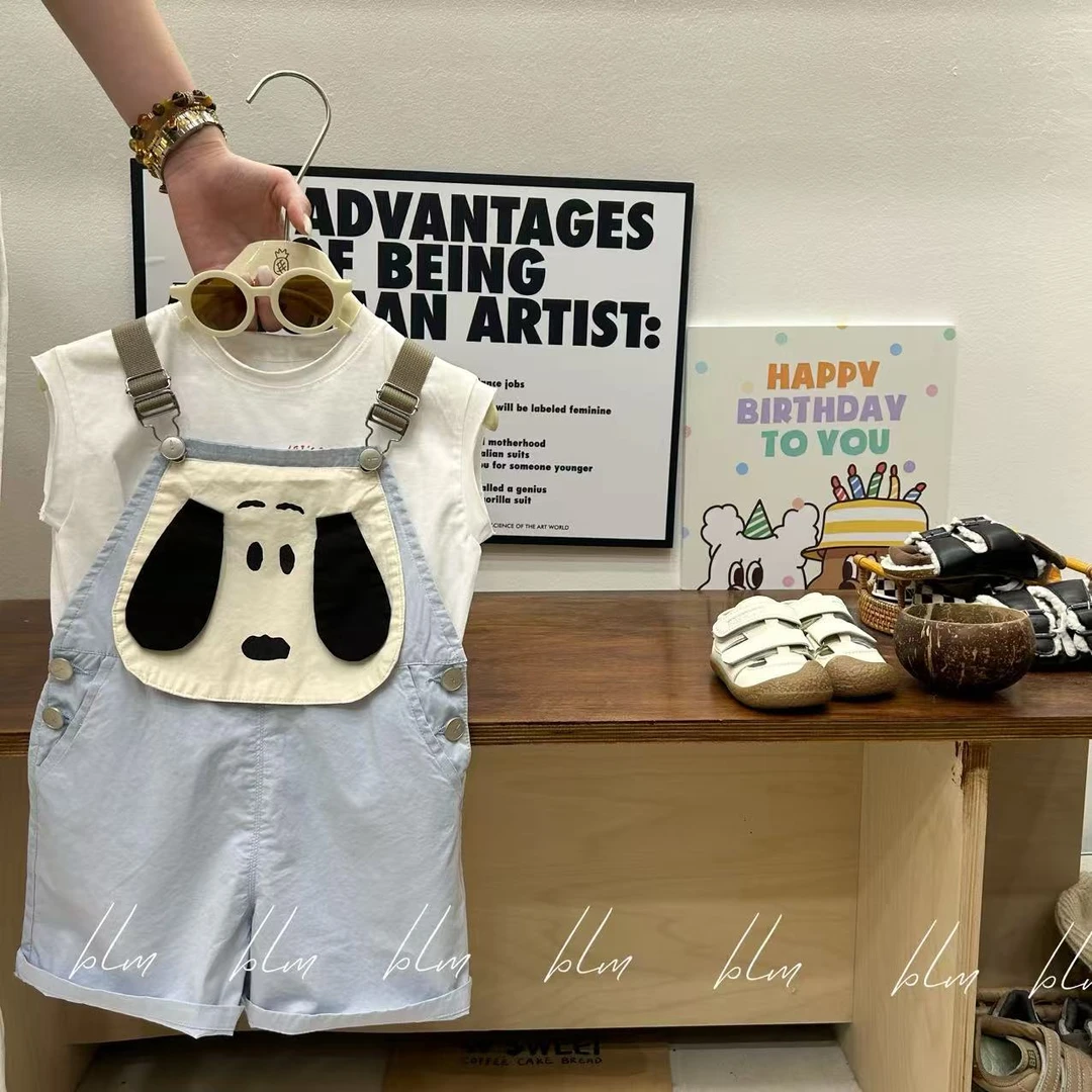 2025春夏季新品韩版中小童打底衫男女童小狗宽松背带裤套装潮款