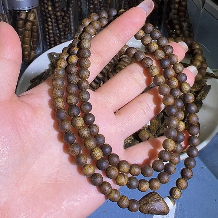 沉香手串九九沉圆珠多圈绿棋1406