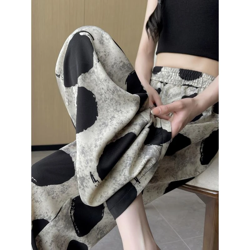 波点冰丝阔腿裤女夏季薄款2025新款高腰垂感直筒休闲凉凉防晒裤子