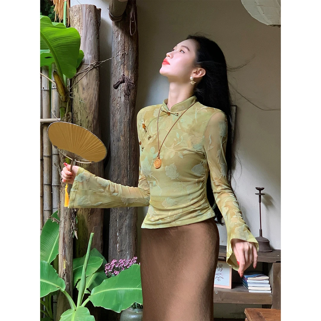 凌茜恣禾【青竹雨林】新中式印花喇叭袖上衣缎面高腰鱼尾裙长裙套装