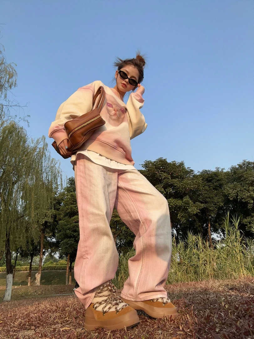 舟舟 【做旧粉牛仔裤】牛仔裤时尚休闲百搭高腰潮流水洗