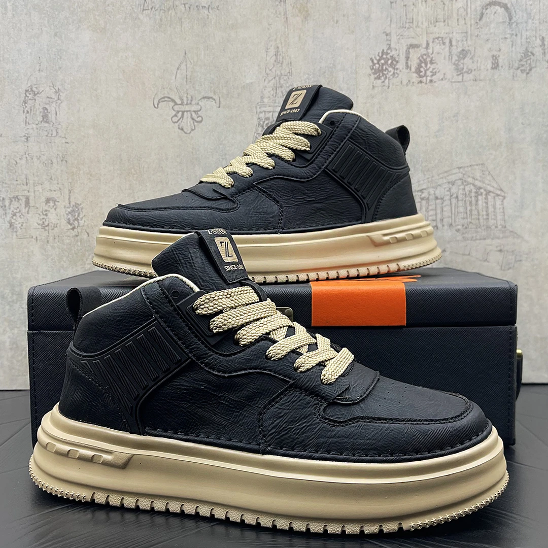 复古港风秋季新款板鞋厚底高帮轻质软底防滑纯色潮流休闲鞋时尚鞋