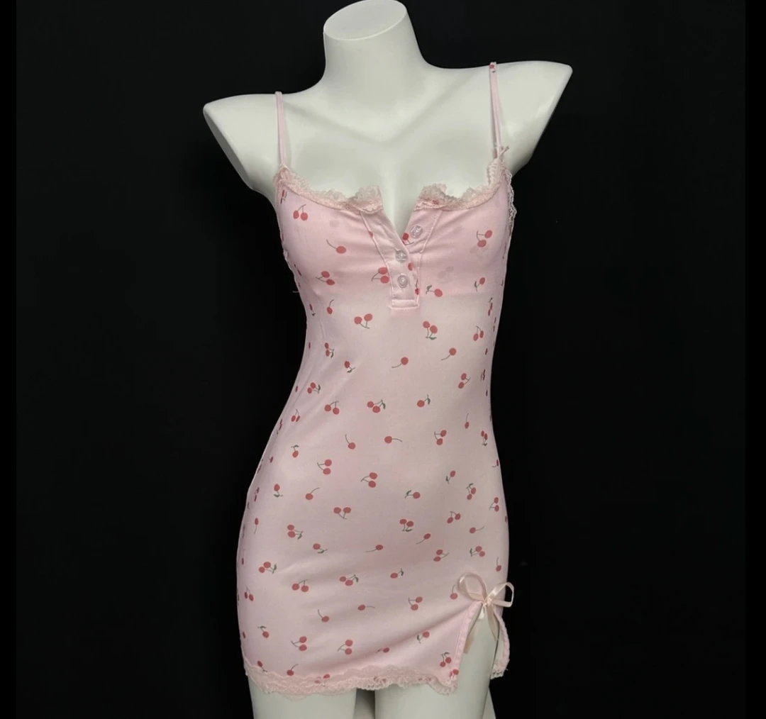 性感火辣睡衣纯欲风吊带睡裙诱惑小樱桃性感睡裙胸垫款可拆卸胸垫