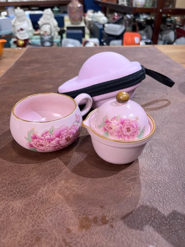 a 174粉牡丹茶咖杯一壶二杯旅行茶具