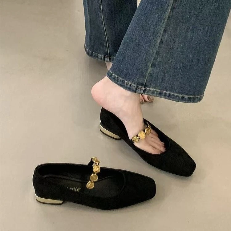 2025法式玛丽珍女鞋春丝绒面一字带方头浅口低粗跟复古平底单鞋女
