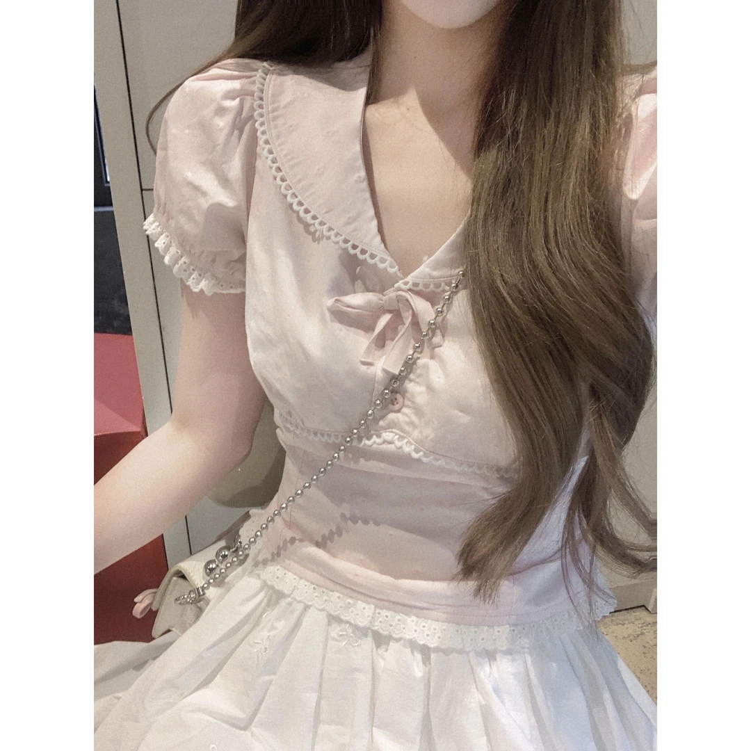 法式别致绝美短款收腰上衣女夏设计感洋气减龄甜美正肩上衣