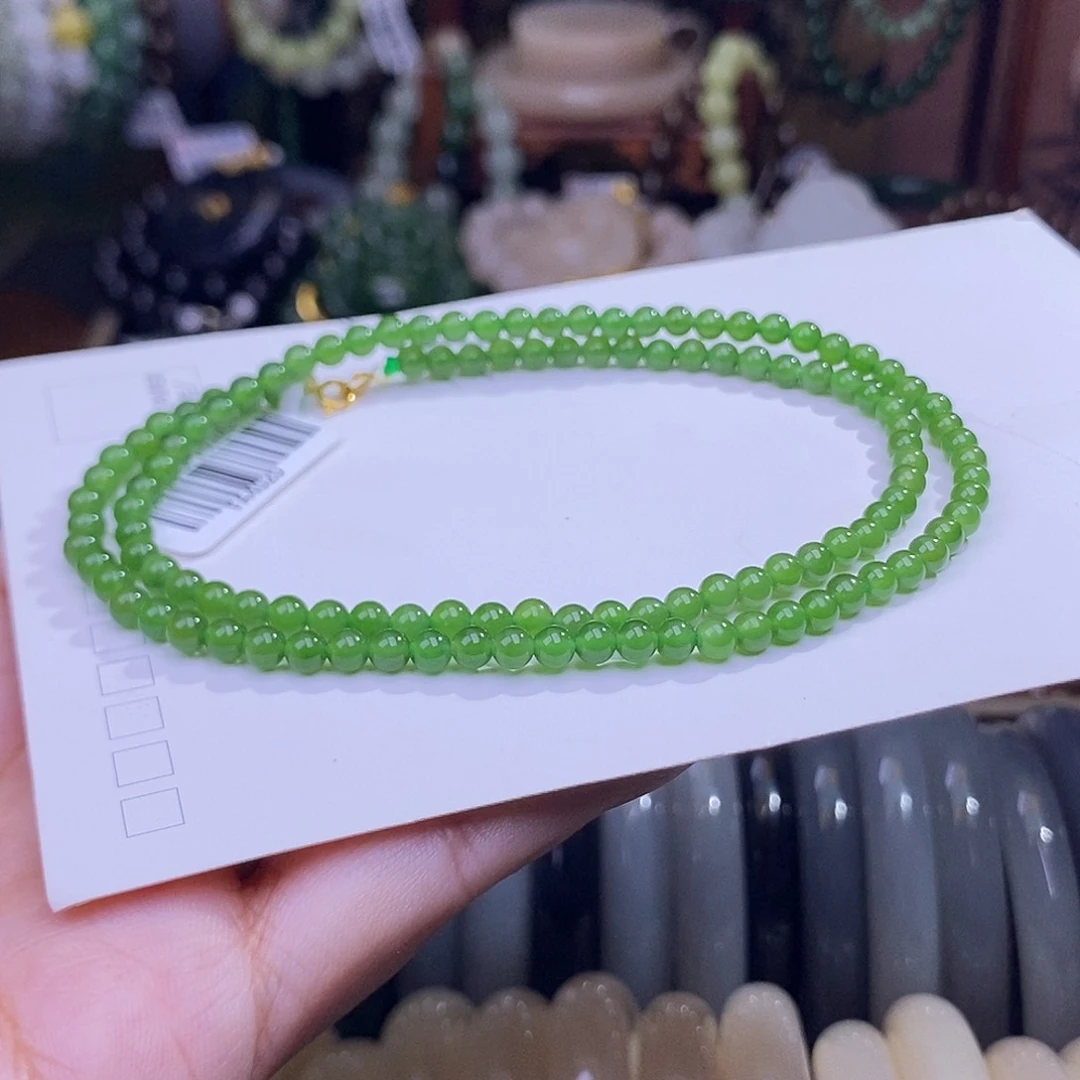 和田玉未镶嵌颈饰碧玉满色满绿老料小米珠