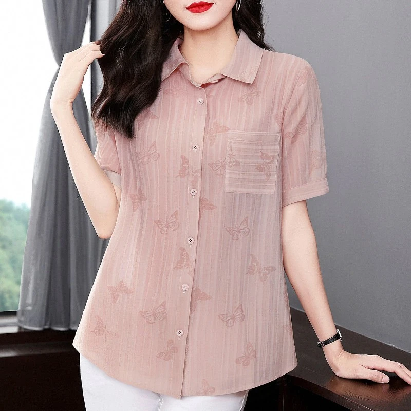 芳妮诗夏季新款大码女士衬衫宽松短袖雪纺衫洋气粉色翻领上衣外穿