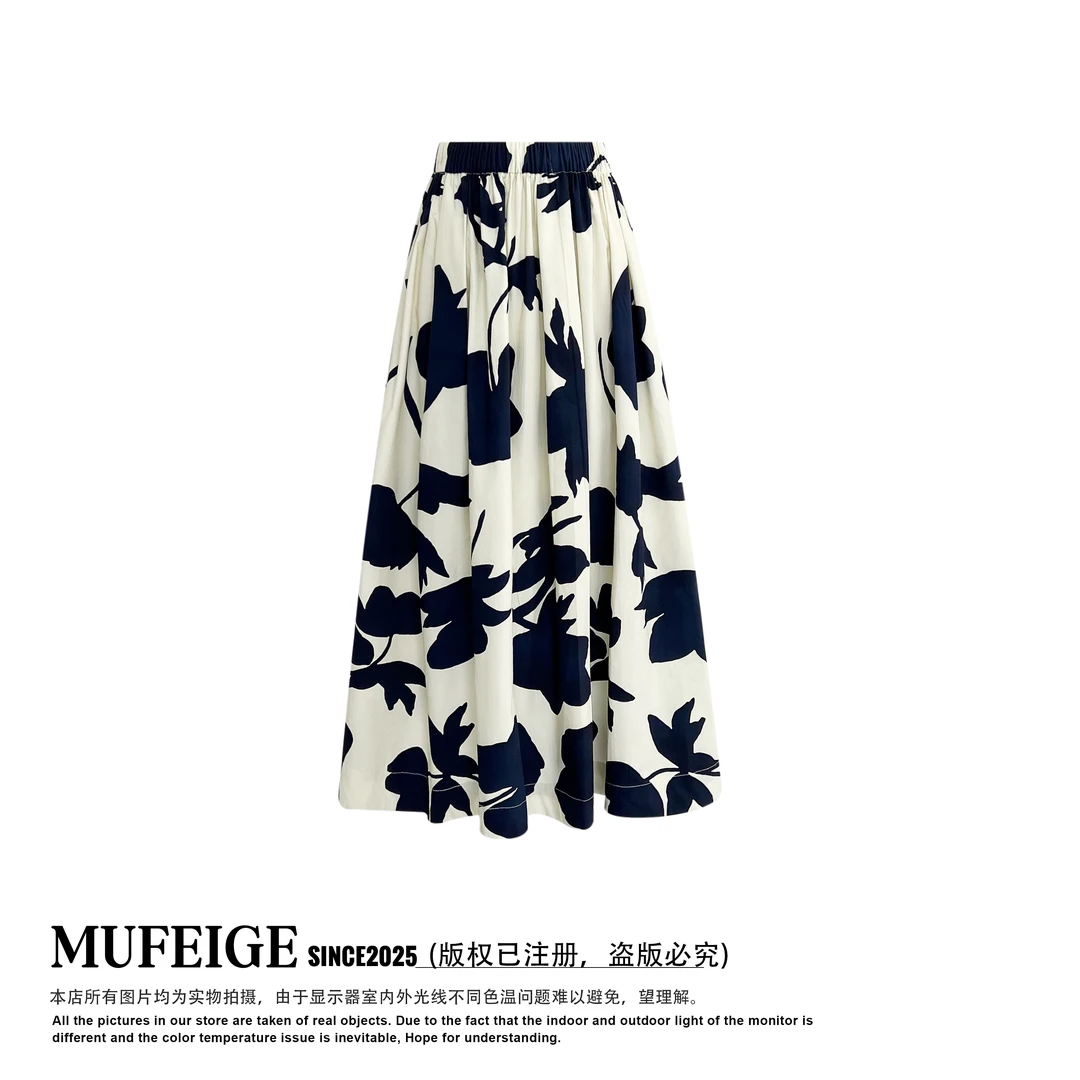 MUFEIGE 2025夏季复古优雅印花半身裙松紧腰中长A字伞裙女-1052#