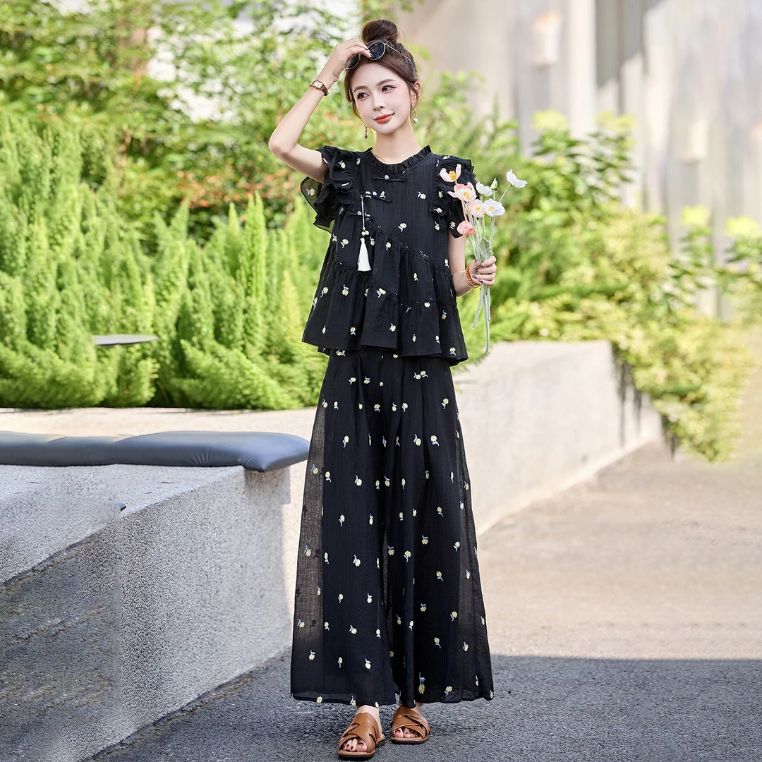 新中式刺绣盘扣国风女神范套装夏季新款高级感巨好看阔腿裤两件套