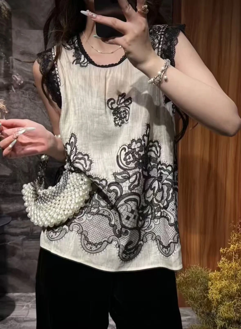CC 高货！勿机洗苎麻天丝！M胸102长60蕾丝拼接重工刺绣上衣 1367
