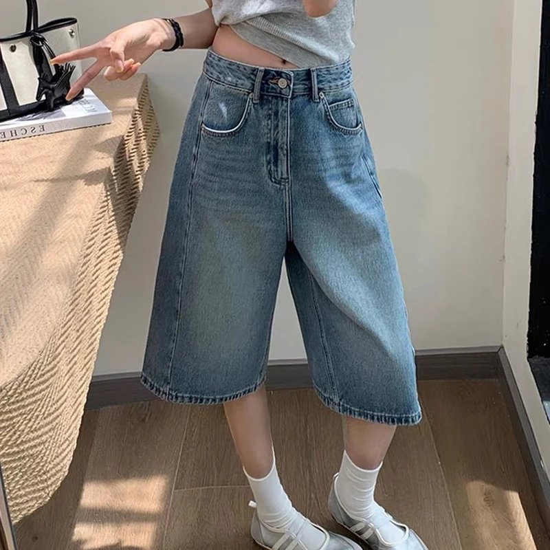 金靖同款复古蓝牛仔短裤女夏季高腰大码胖mm显瘦梨型梨形身材穿搭