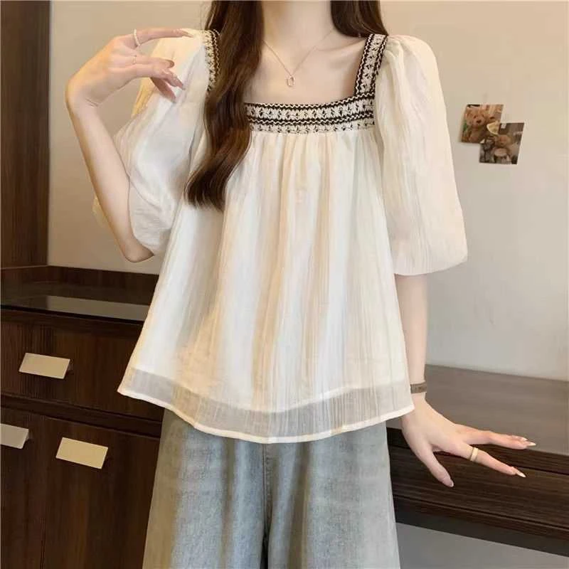 新中式国风宽松雪纺短袖衬衫女装夏季设计感遮肚子显瘦上衣娃娃衫