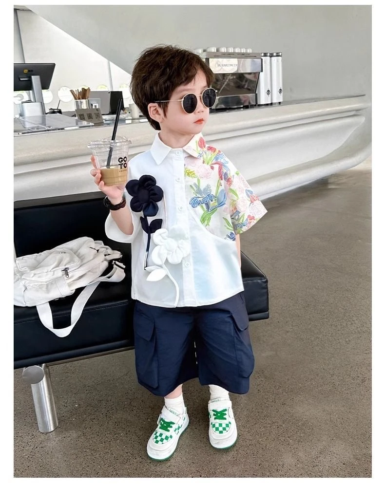 男童潮流夏装五一外出儿童节表演服时尚帅气衬衫套装薄款短袖穿搭