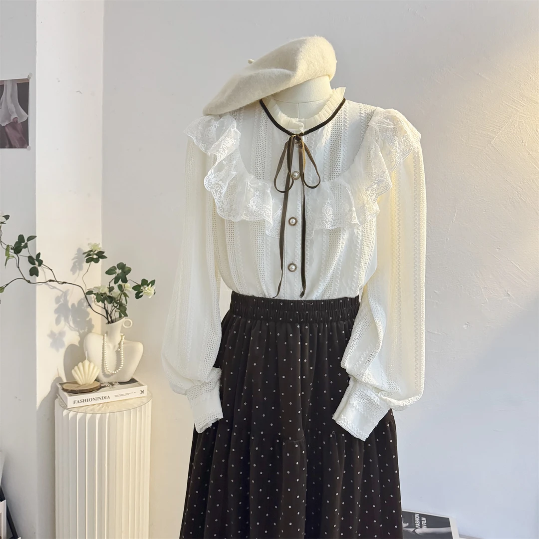 法式甜美木耳立领蕾丝长袖衬衫女2025秋设计感减龄系带荷叶边小衫