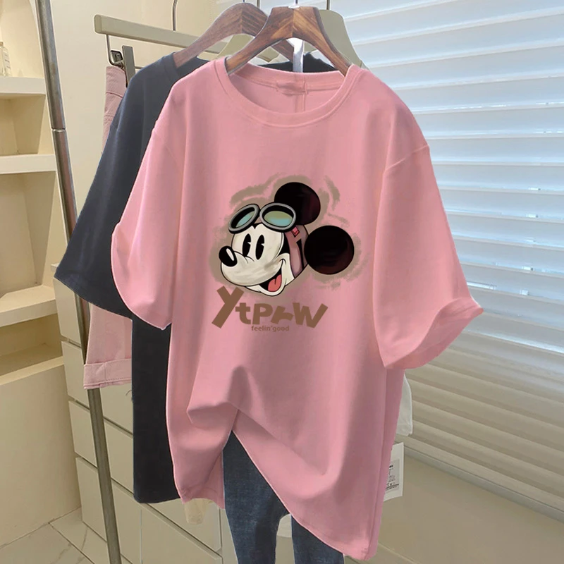 搭配鲨鱼裤纯棉短袖t恤女2025新款中长款宽松大码粉色夏季体恤衫