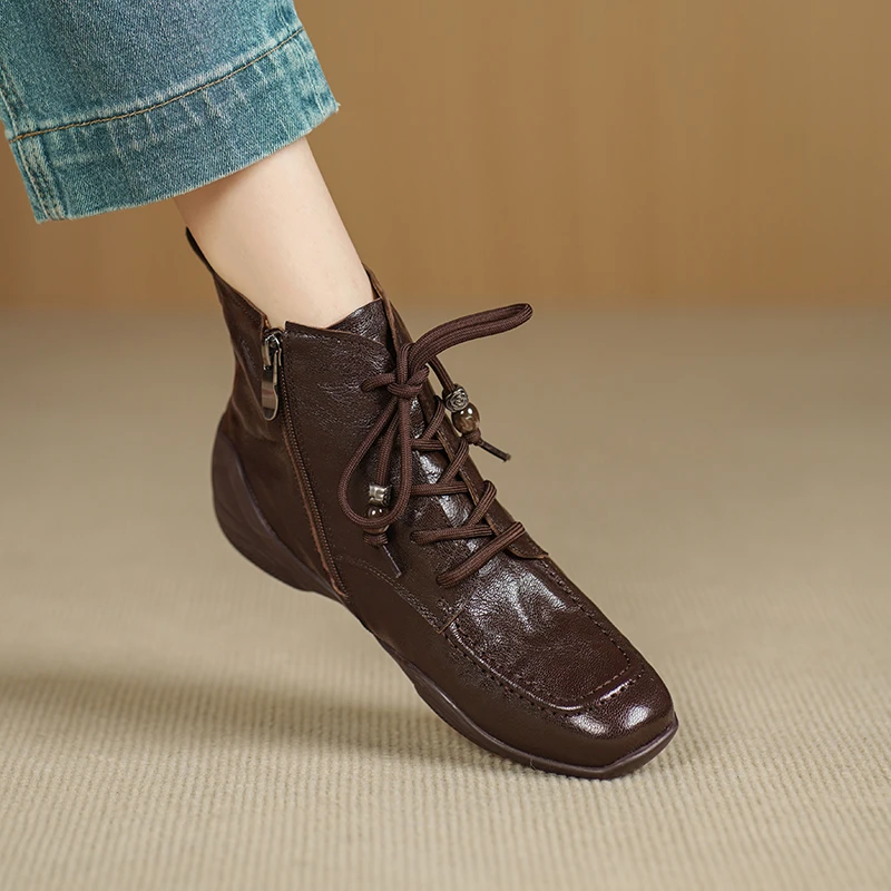 美拉德靴子羊皮短靴女秋冬2025新款真皮厚底坡跟软底马丁靴不累脚