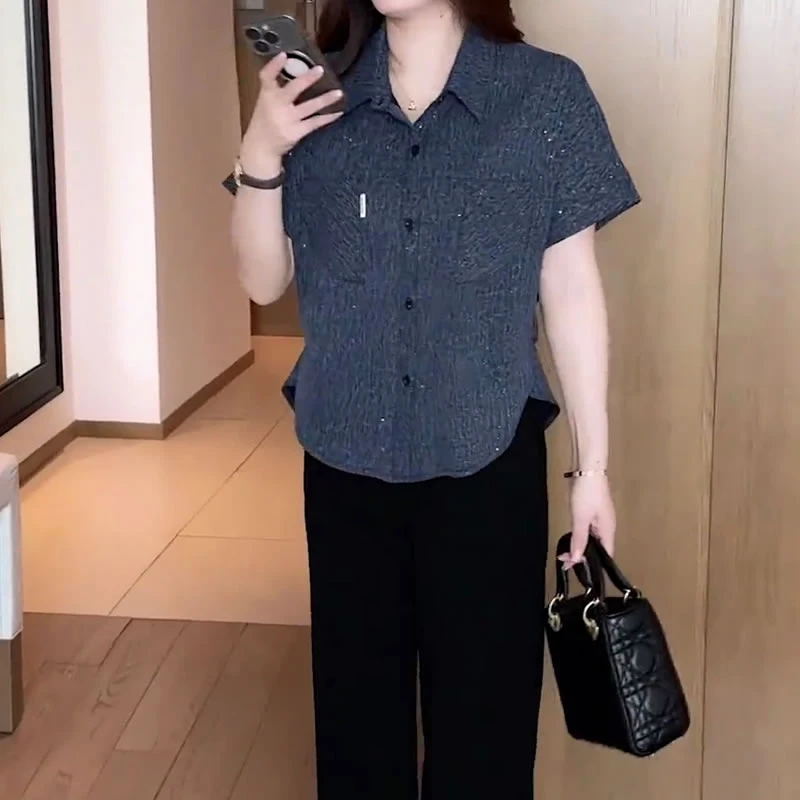 （48小时发货）时尚洋气高级感衬衫女夏季新款百搭显瘦遮肉纯色上衣
