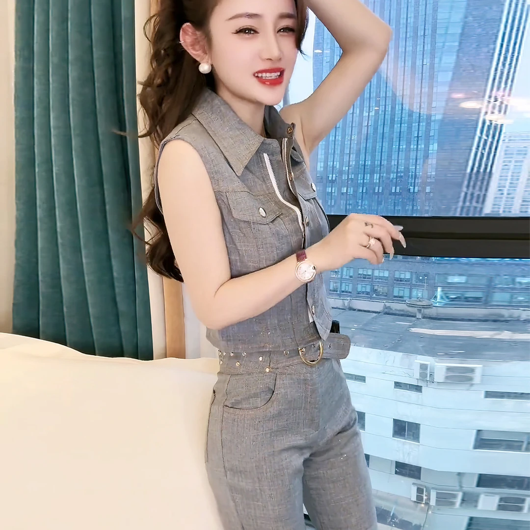 原版欧美秋季帅气两件套新款无袖上衣喇叭裤洋气减龄时尚套装女款