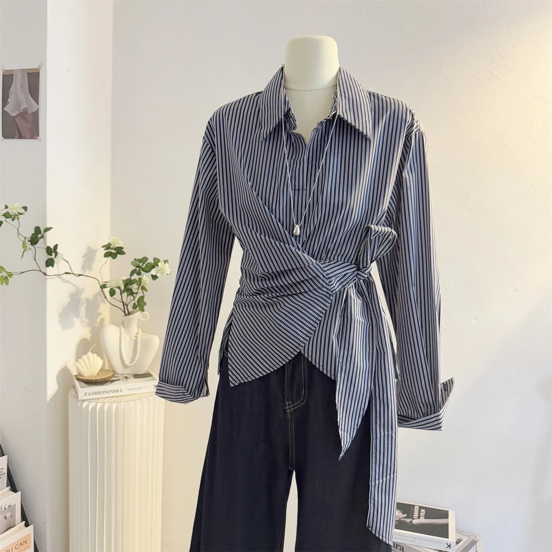 不规则绑带收腰竖条纹长袖衬衫女2025秋季设计感小众气质掐腰上衣