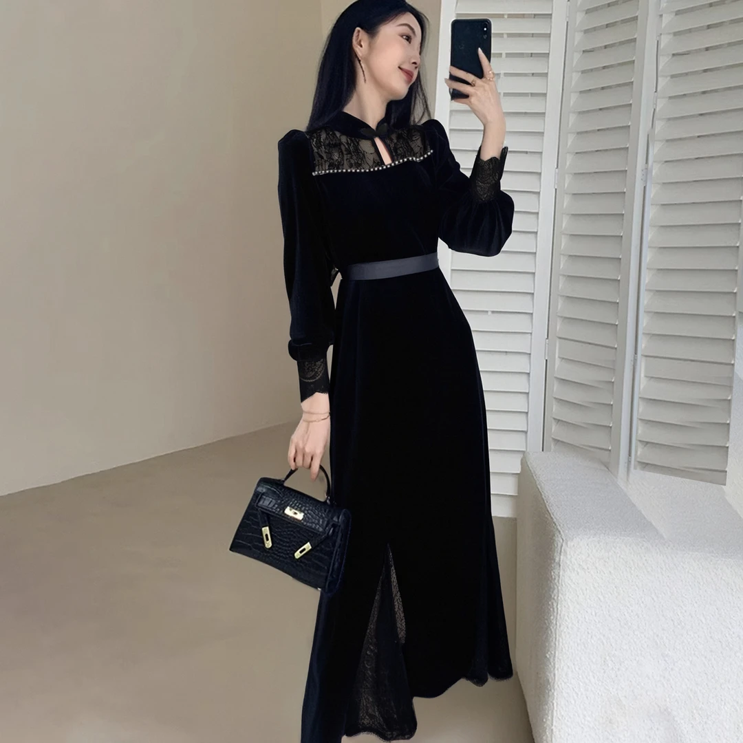 A长袖高档2025新款高端修身连衣裙气质时尚收腰显瘦黑色裙子2686