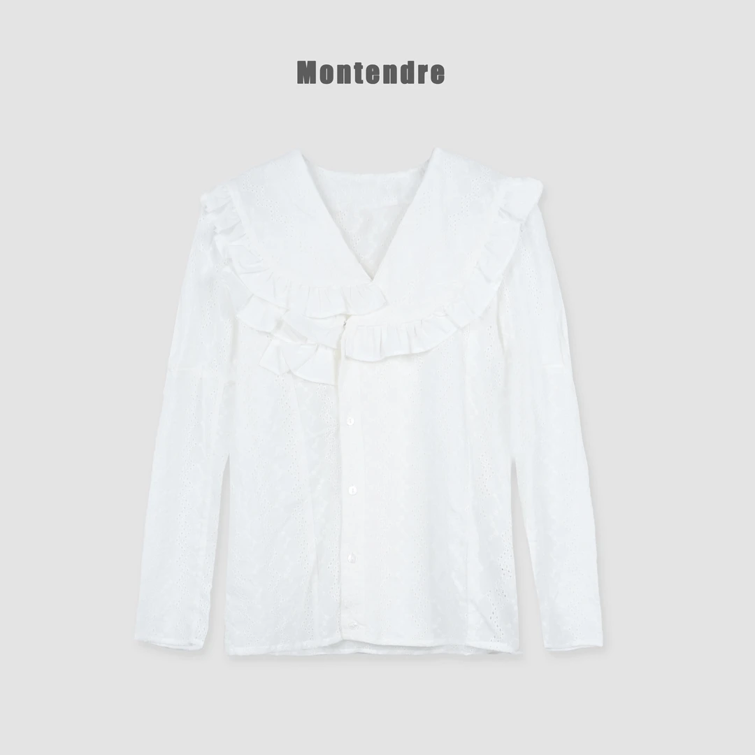 【MonTendre】V 夏季新款 日系休闲百搭荷叶边V领纯欲慵懒风衬衫