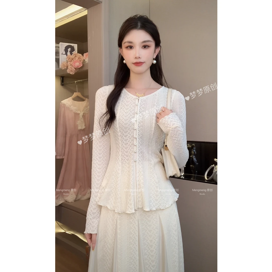 【梦梦&GERTC】拂雪​ 秋季纯色针织蕾丝时尚休闲气质套装GC253A3011