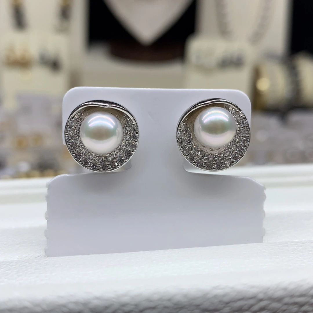 海水珍珠耳饰银S925镶嵌7-7.5mm海水珍珠耳钉