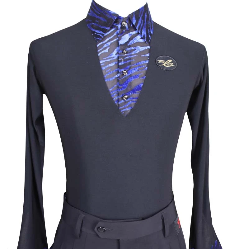 汤朗牌男V蓝花领长袖摩登舞拉丁舞交谊舞弹力练功服表演服