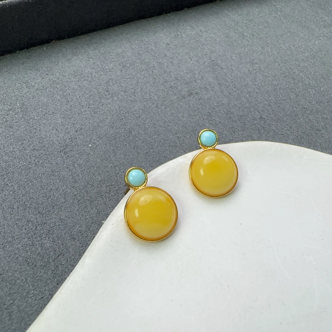 天然蜜蜡圆形蛋面耳钉S925银