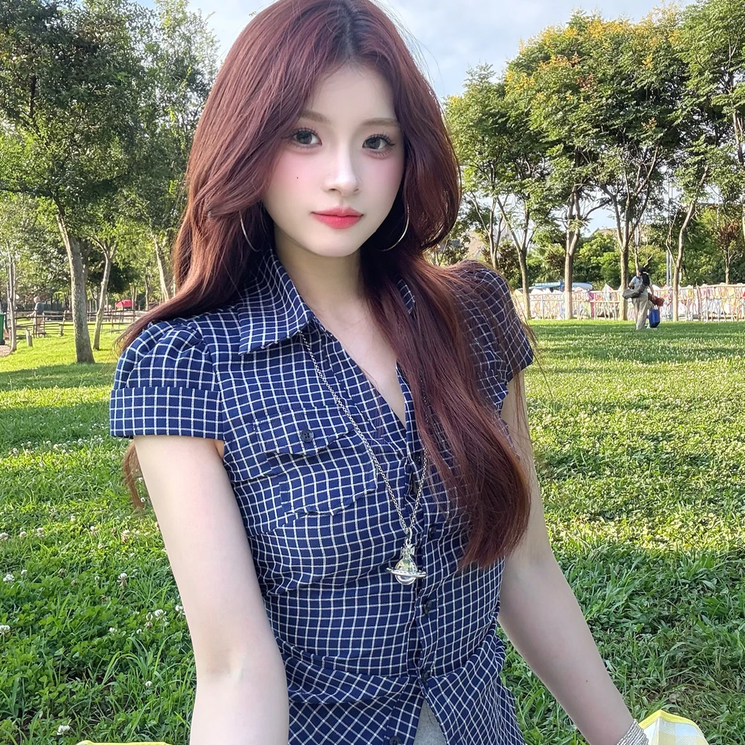 美式复古格纹polo领短袖衬衫女夏季修身百搭上衣