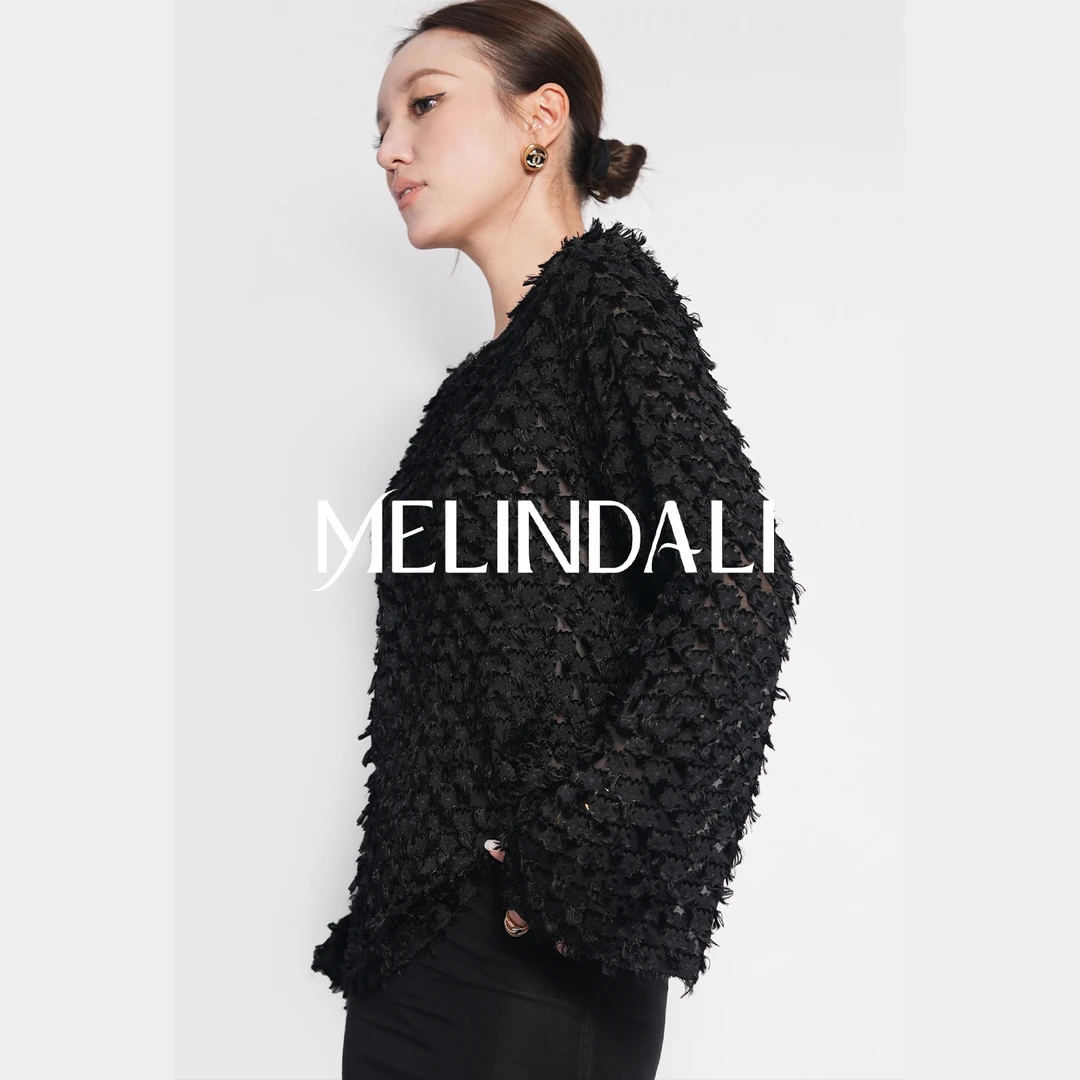 Melinda Li【柔丝衫】私服重工18姆米真丝剪花绡流苏羽毛长袖上衣