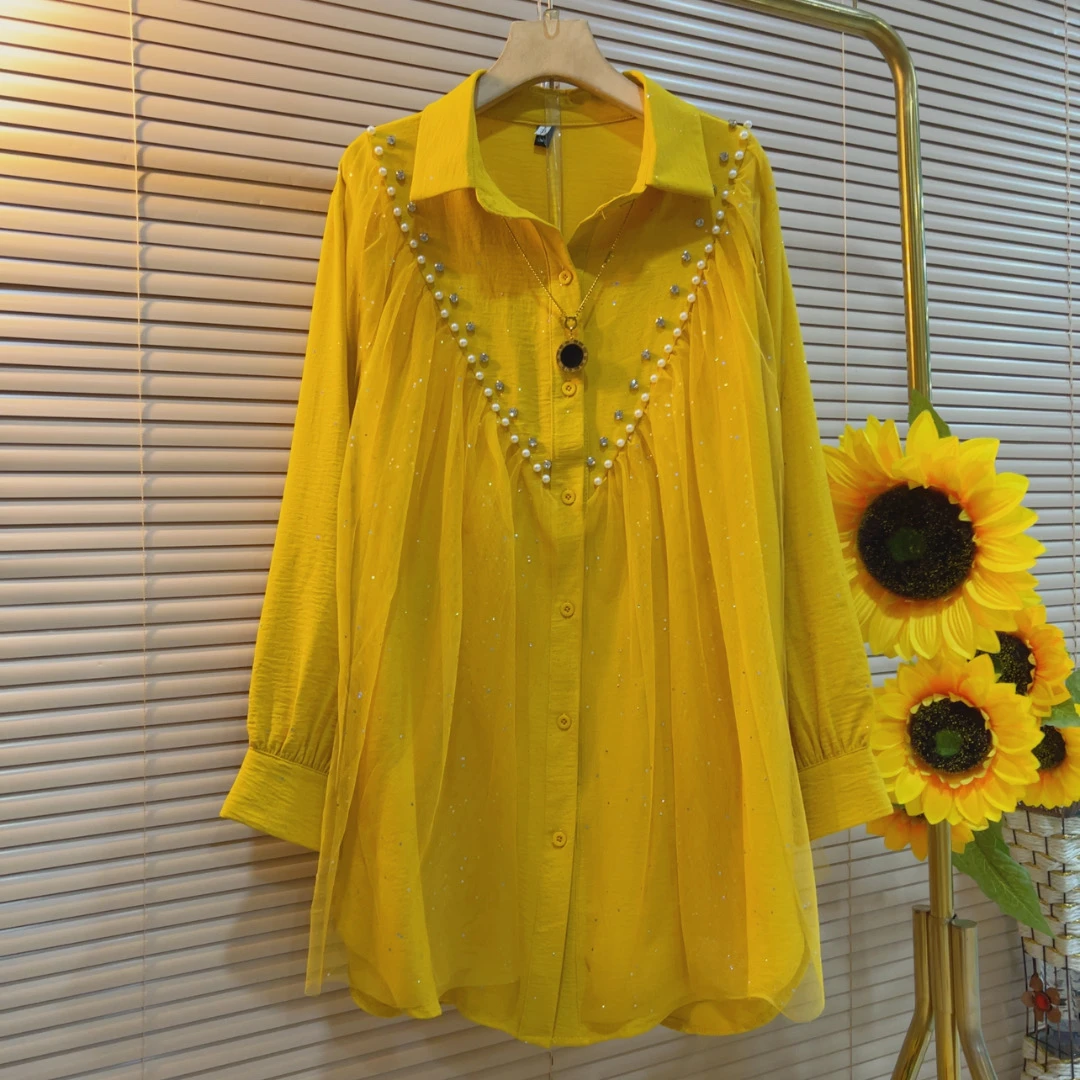 MG春季新款韩版重工拼纱宽松遮肉中长款衬衫