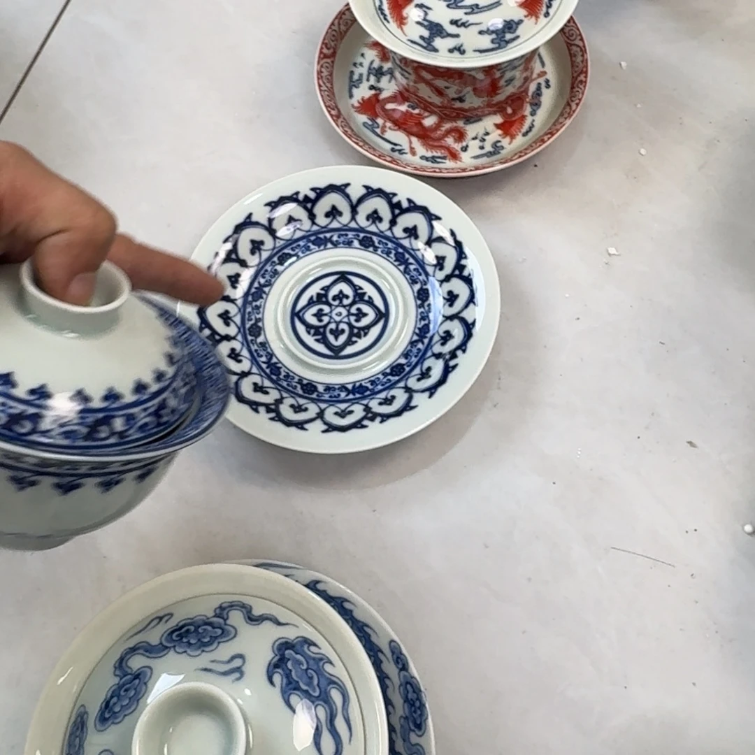 陶摆件青花宝箱三才盖碗