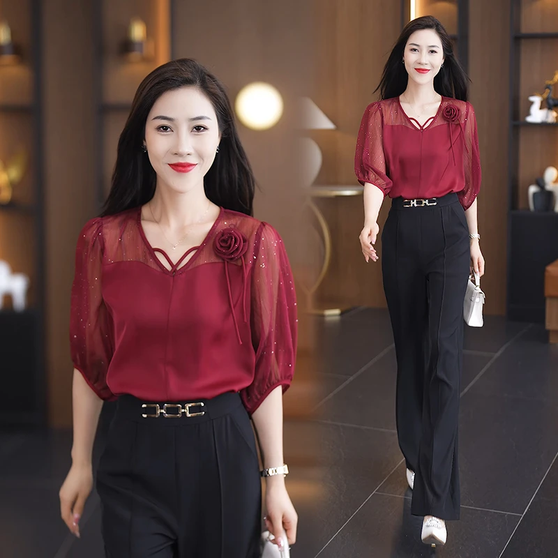 拉夏贝尔夏季法式V领衬衣时尚洋气显瘦气质百搭上衣缎面短袖小衫