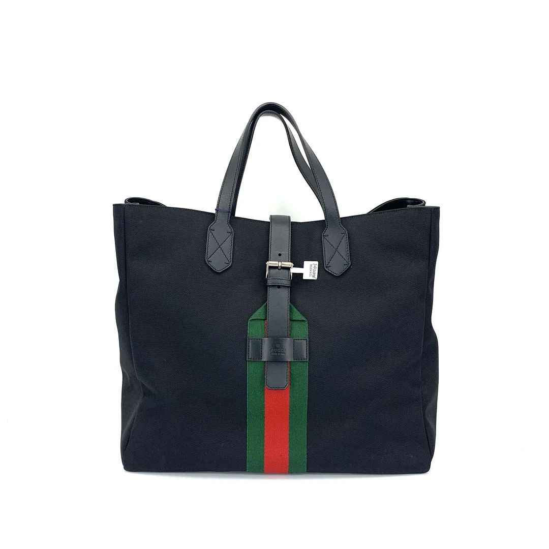 95新 GUCCI/古驰 98新黑色帆布红绿织带托特包 尺寸42/38