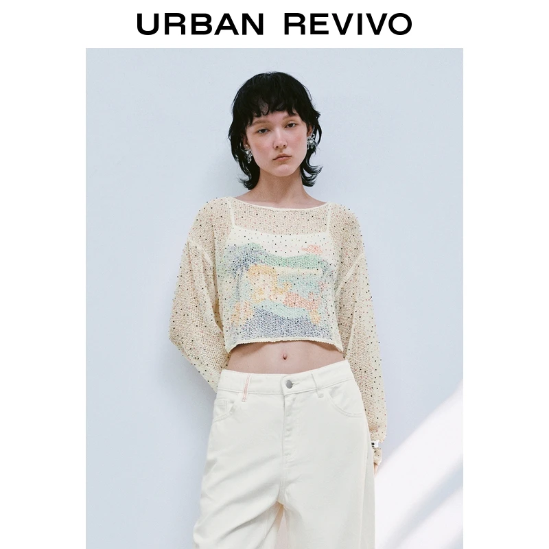 UR2025秋季新款女装休闲镂空肌理彩色串珠长袖T恤UYL450103