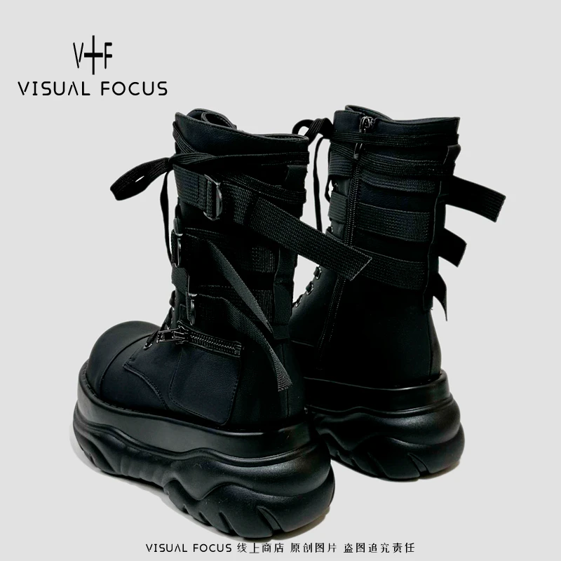 Visual focus jennie同款靴子港潮甜酷厚底马丁靴系带扣带机车靴