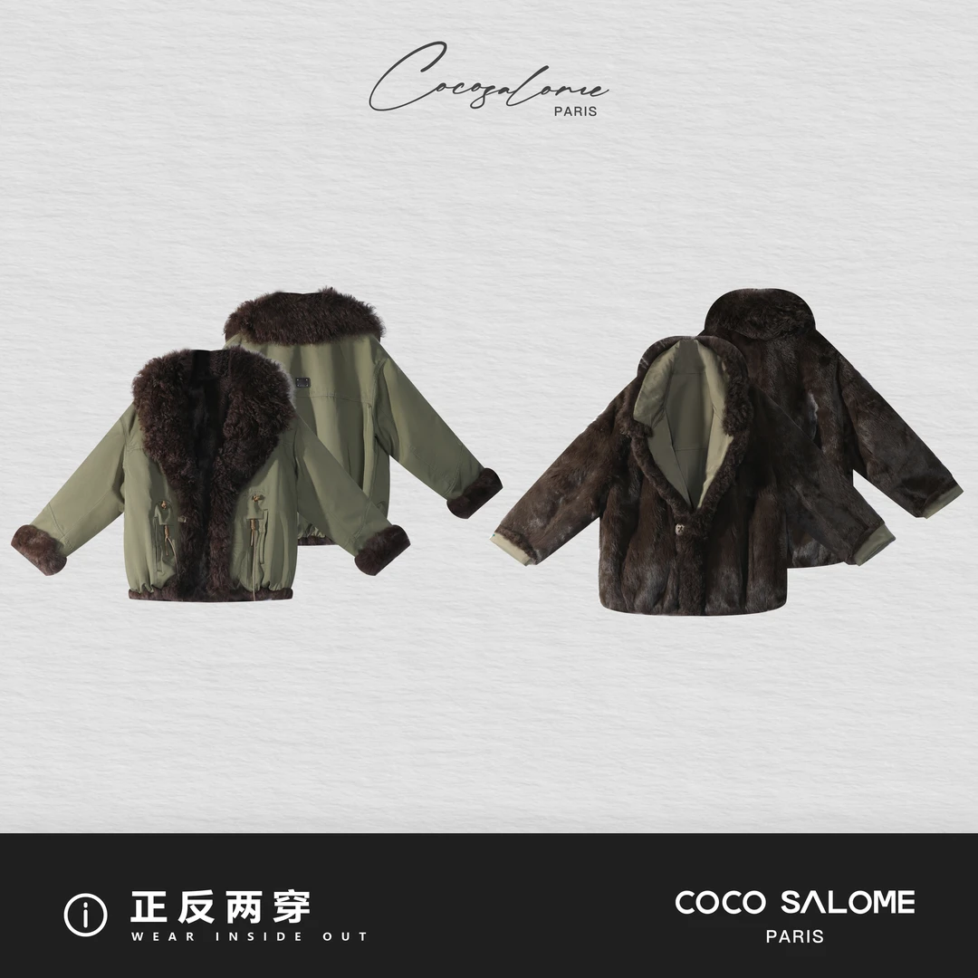 韩彬彬"爱尔兰"托斯卡纳羊皮毛领+兔毛皮双面穿皮草派克服3010-6