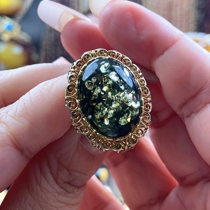 琥珀银S925镶嵌戒指戒指