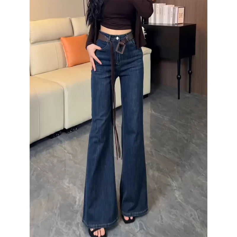 复古拖地流光风喇叭牛仔裤女微弹高腰显瘦大码遮肉秋季新款裤子