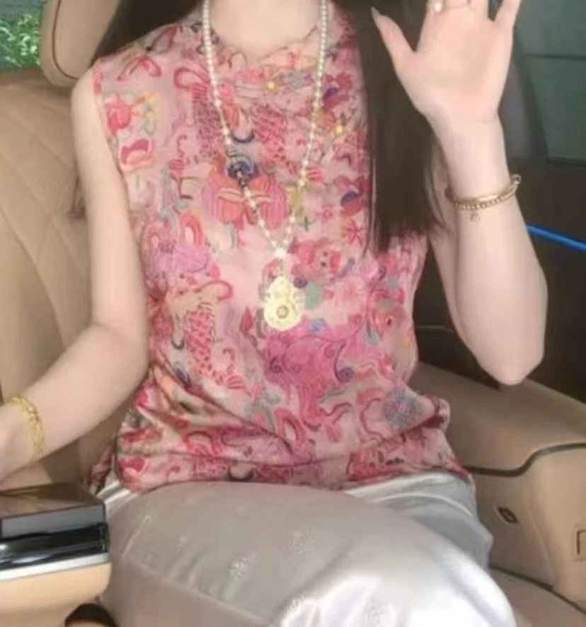 马甲百搭夏季提花圆领常规款马夹无袖印花气质时尚上衣X