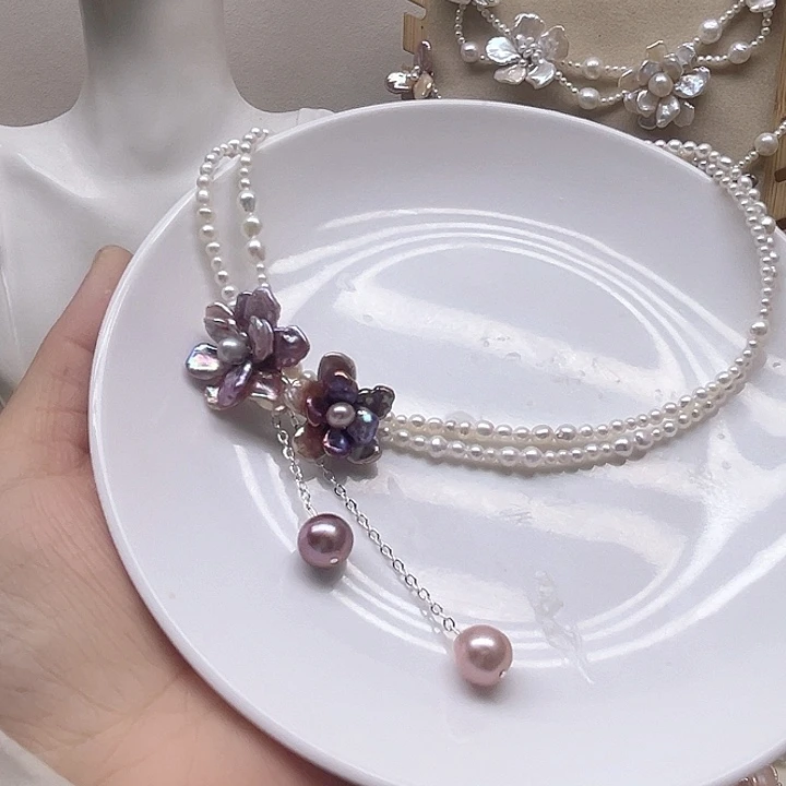 水晶纱保真珍珠花项链项链