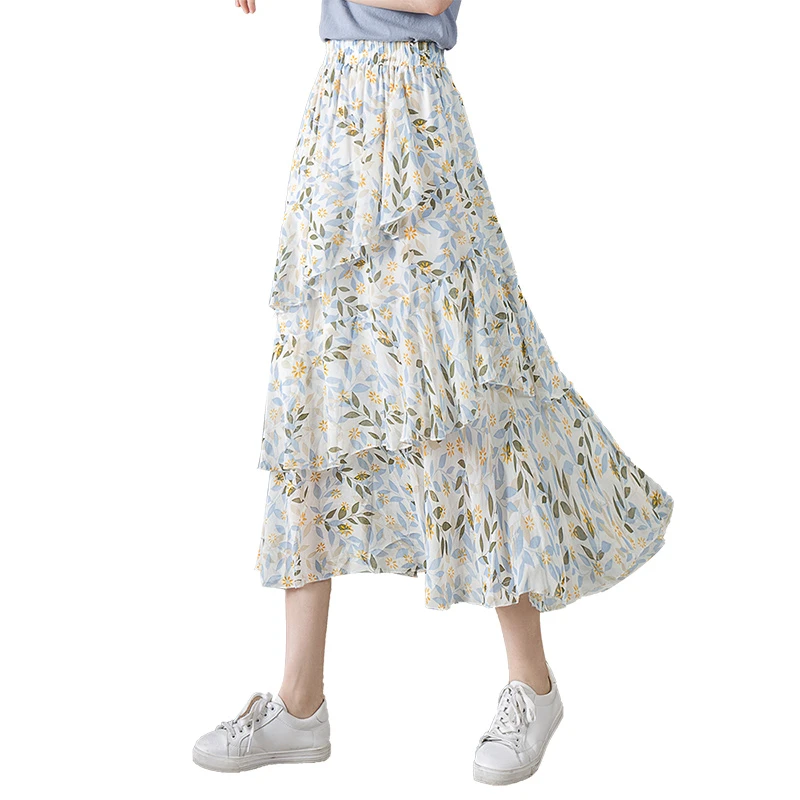 丝柏舍2025夏季新款女装拼接高腰撞色碎花中长款半身裙S32B1464BS