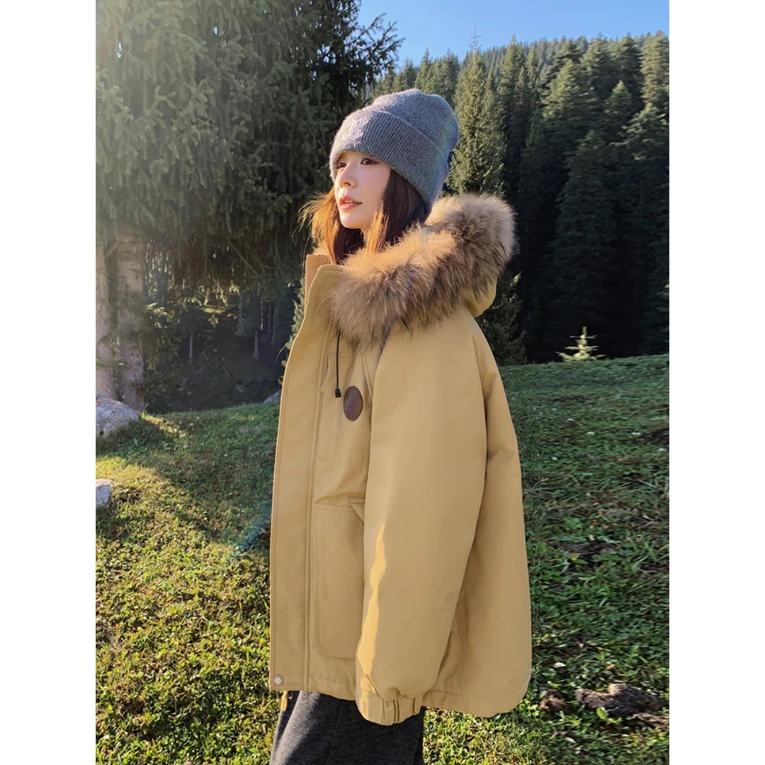 三彩黄色大毛领工装派克羽绒服女冬2025新款连帽冲锋衣厚90白鸭绒