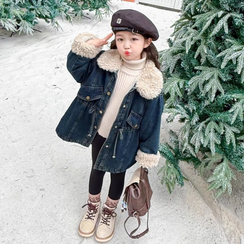 范哲萨女童加绒牛仔外套秋冬款新款洋气女孩宝宝冬季加厚羊羔绒上