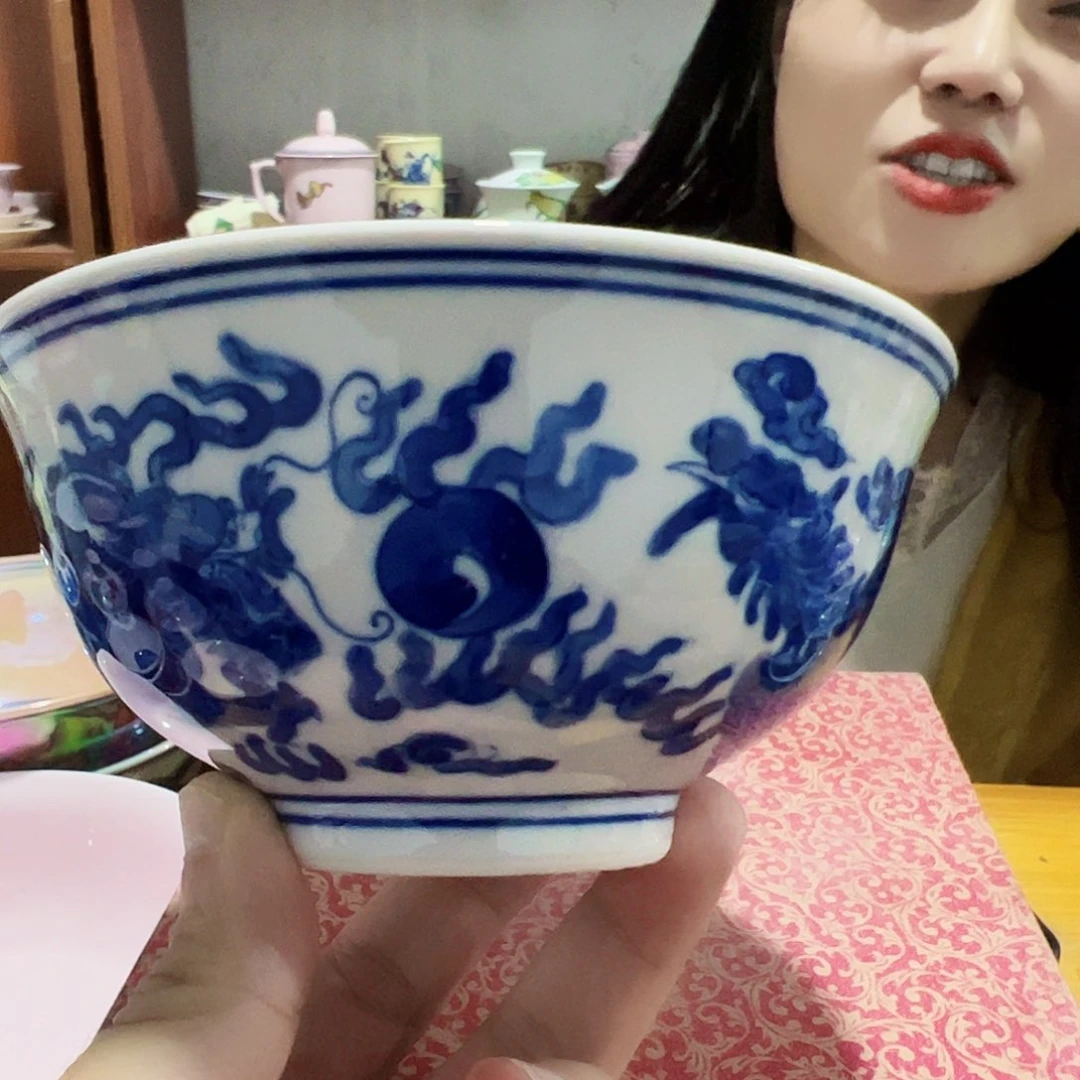 摆件瓷景德镇红xixi龙凤4.75寸碗