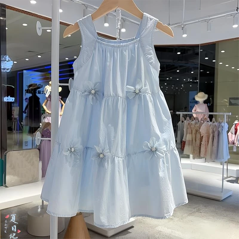 女童洋装夏季2025新款儿童度假公主风花朵背心裙海边沙滩裙洋派