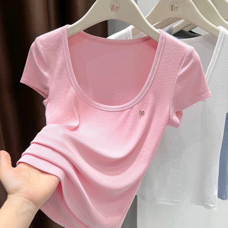 基础款粉色甜辣u领短袖T恤女新款休闲外穿小爱心修身打底衫上衣