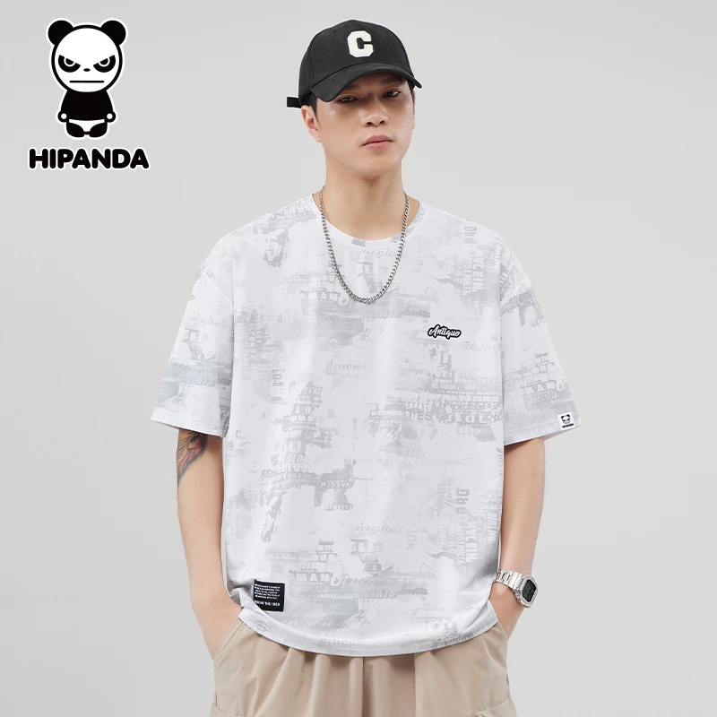 HiPanda你好熊猫夏季短袖T恤男士薄款宽松潮流印花圆领半袖上衣男